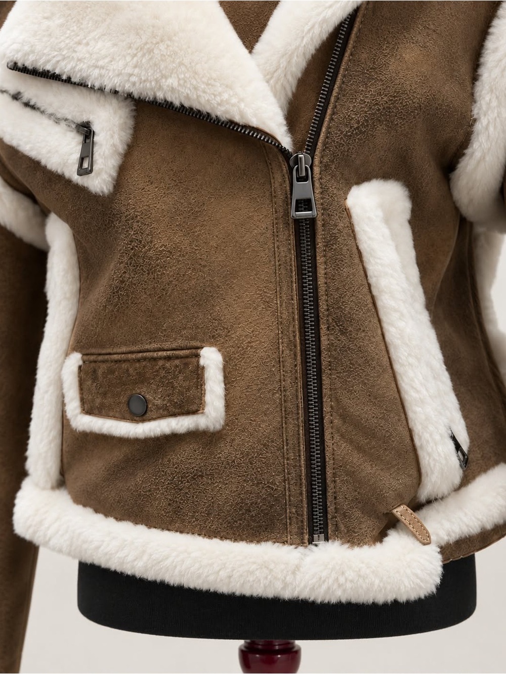 Women’s Brown Faux Shearling Aviator Biker Jacket Cream Fur Trim Zip Up - Picture 5 of 6